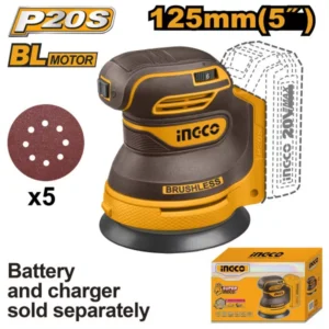 INGCO Akkus excentercsiszoló 125 mm szénkefe nélküli 20 V (akku és töltő nélkül)