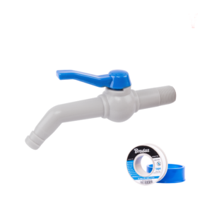 Műanyag csap 45°-os tömlőkimenettel, 1/2" külső menet, PTFE szalaggal – Bradas