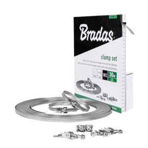 Rozsdamentes csőbilincs-készítő szalag 9 mm × 30 m, 50 zárral – Bradas OACW2