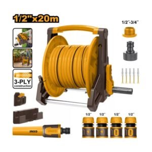 INGCO Tömlőtartó kocsi szett (1 x 20 m tömlő + 9 részes locsolástechnikai készlet)